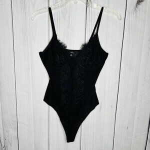 Lulus Black Lace Underwire Bodysuit Lingerie Snap Bottom Thong Sz M Adjustable